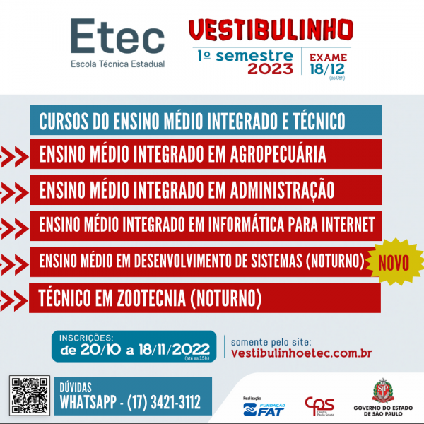 ETEC inicia hoje, 20, as inscrições para o Vestibulinho 1º